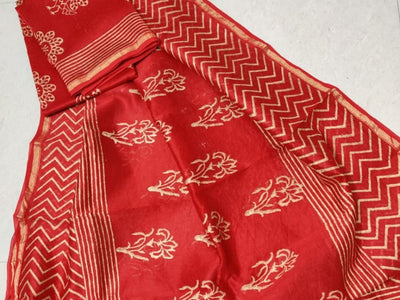 Red Flower Print Chanderi Silk Unstitched Suit Set with Chanderi Silk Dupatta