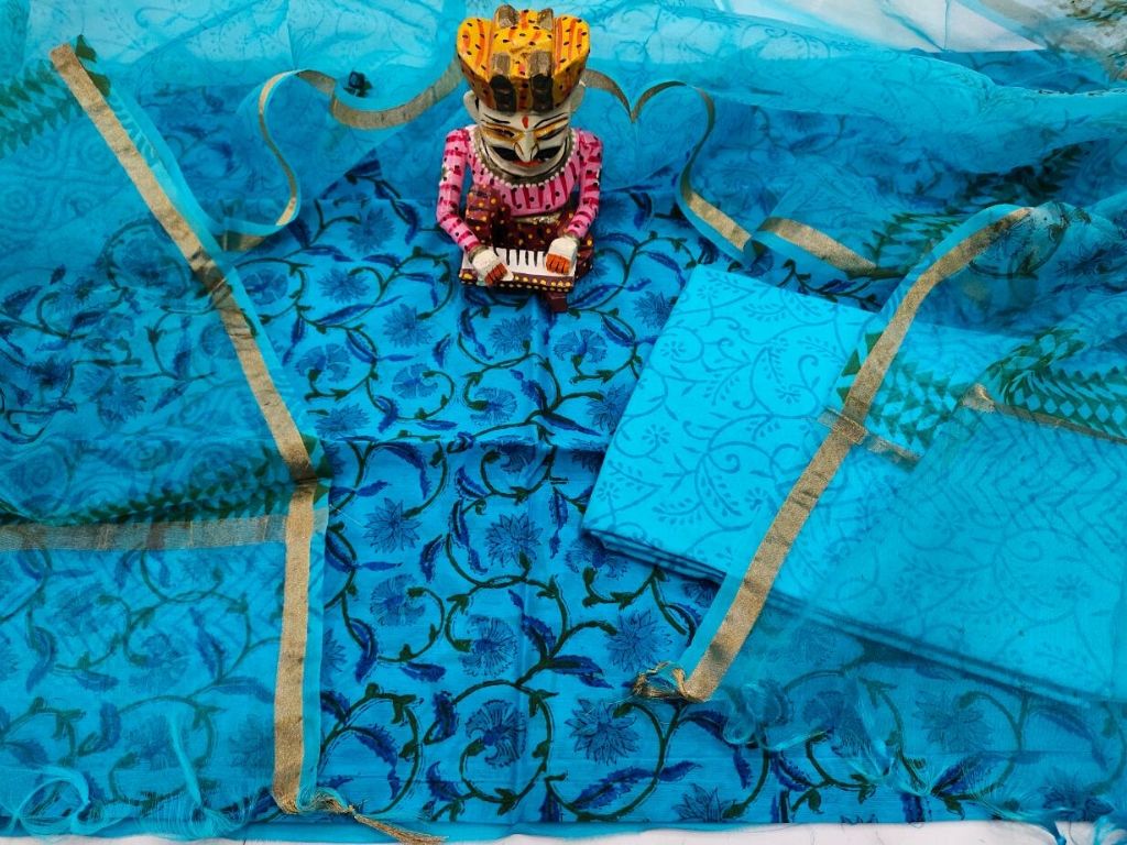 Blue Flower Print Kota Doria Unstitched Suit Set with Zari Border