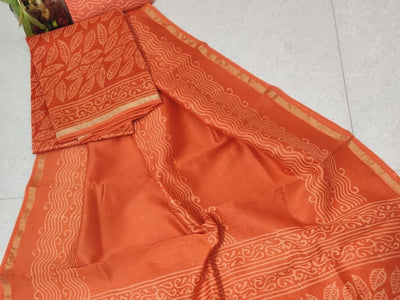 Orange Leaf Print Chanderi Silk Unstitched Suit Set with Chanderi Silk Dupatta