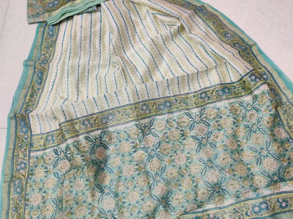 Cream & Green Flower Print Chanderi Silk Unstitched Suit Set with Chanderi Silk Dupatta