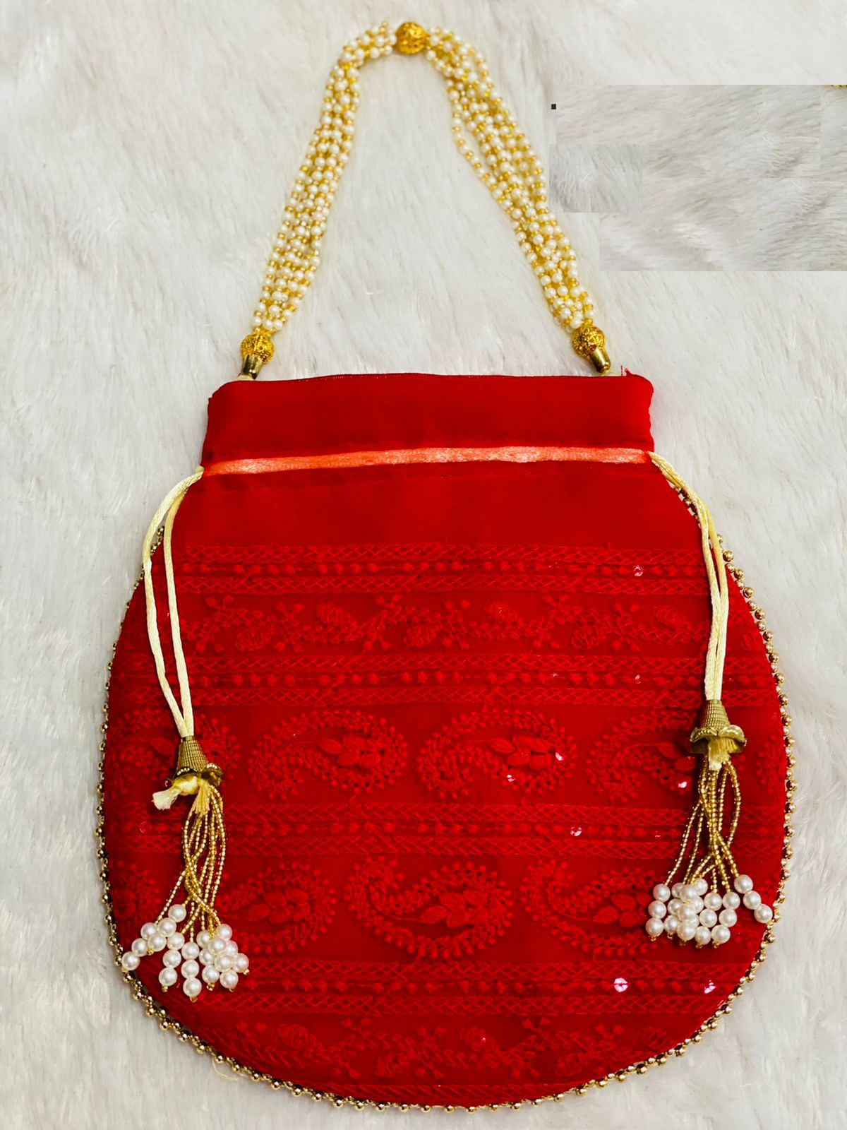 Red Butta Print Cotton Potli Handbag