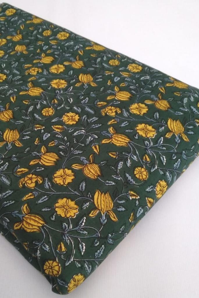 (Cut Piece 0.45 Mtr) Green Flower Print Rayon Fabric