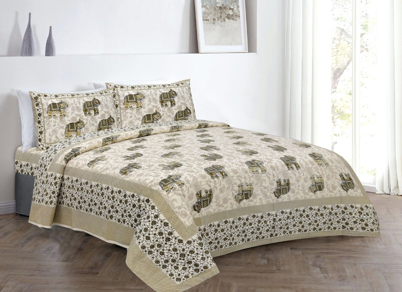 Cream Elephant Print Double Cotton Bed Sheet