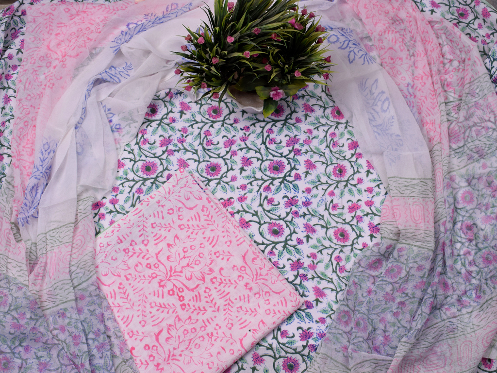 Pink Flower Print Cotton Suit Set with Chiffon Dupatta