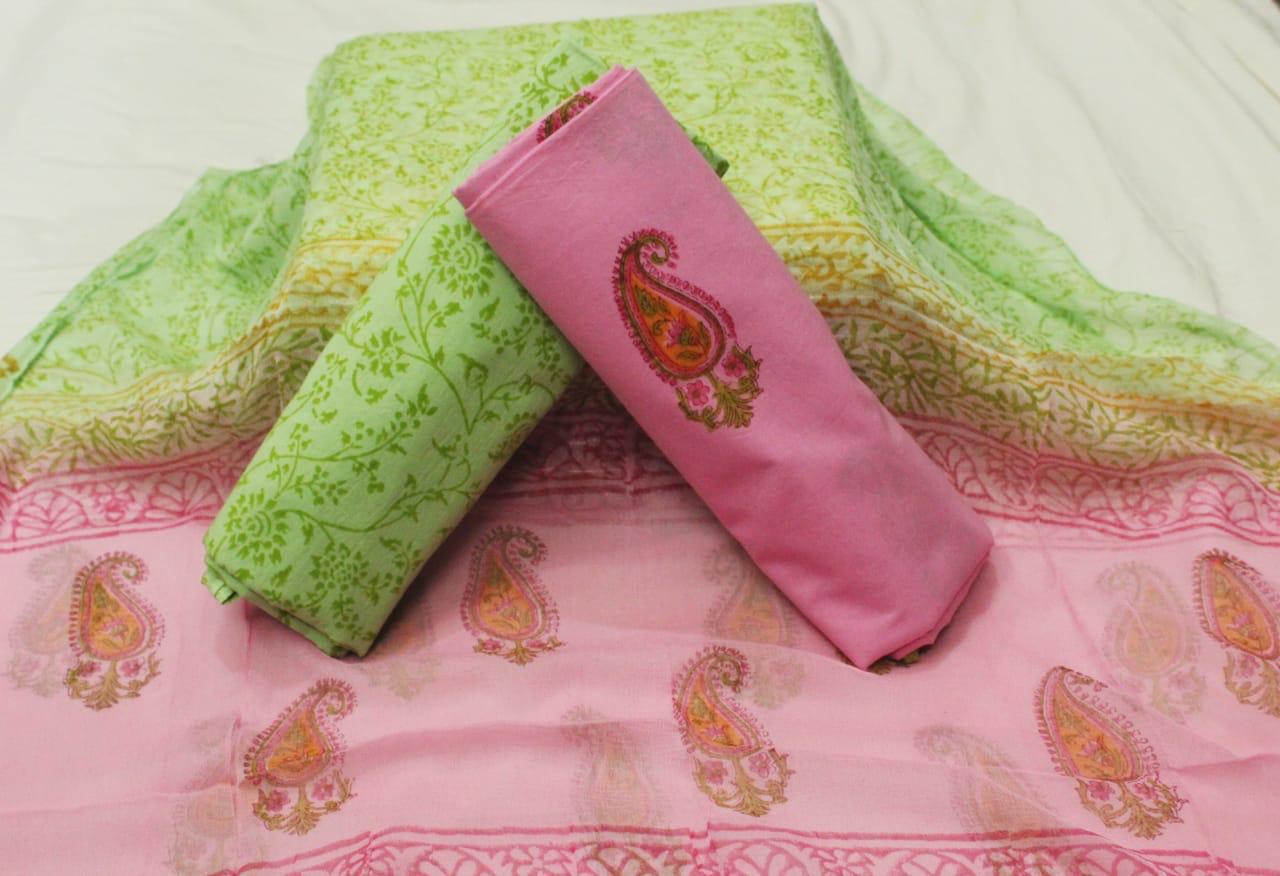 Pink Butta Print Cotton Unstitched Suit Set with Chiffon Dupatta