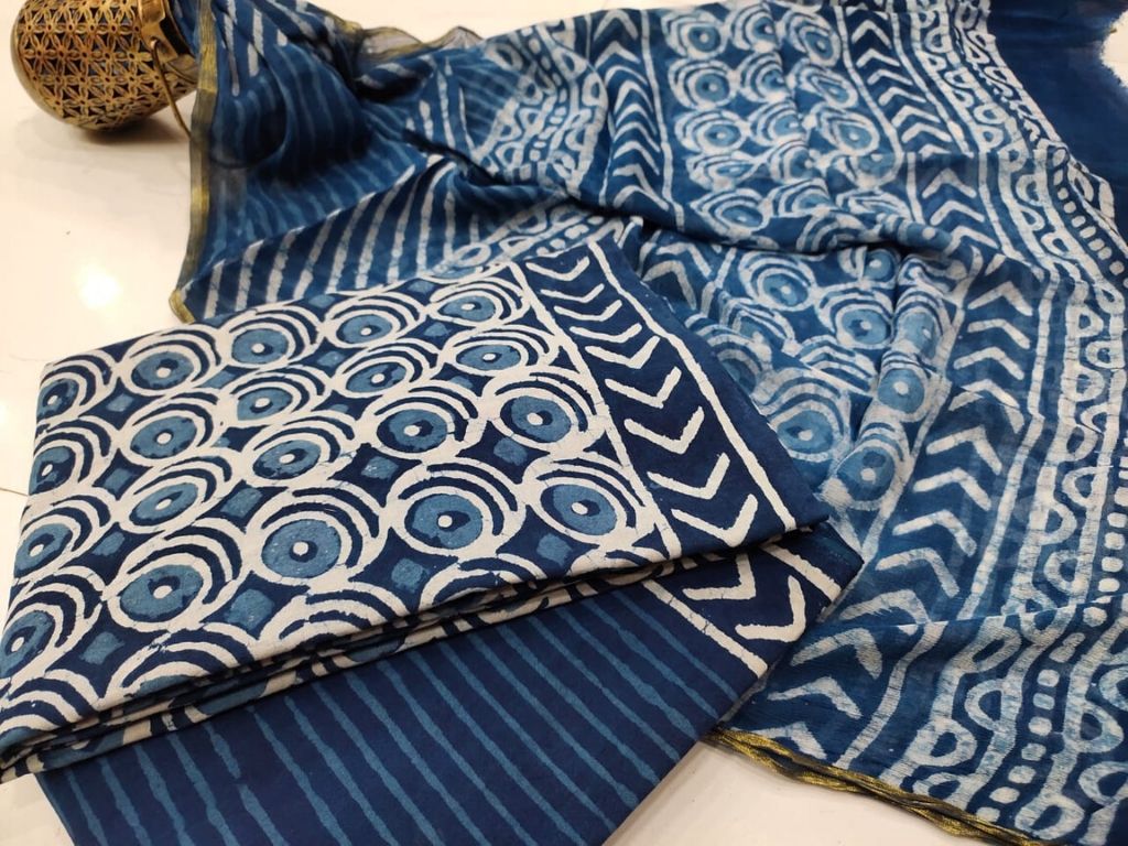 Blue Stripes Print Cotton Suit Set with Chiffon Dupatta