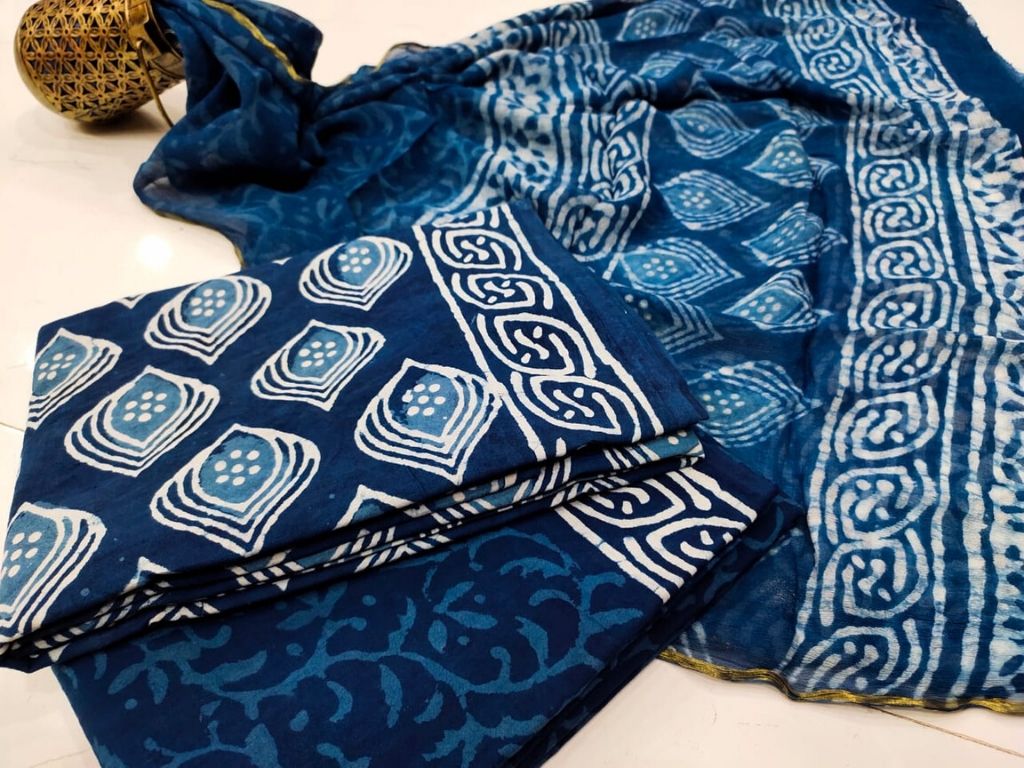 Blue Leaf Print Cotton Suit Set with Chiffon Dupatta