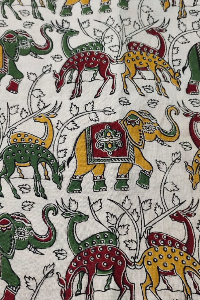 White Animal Print Kalamkari Fabric