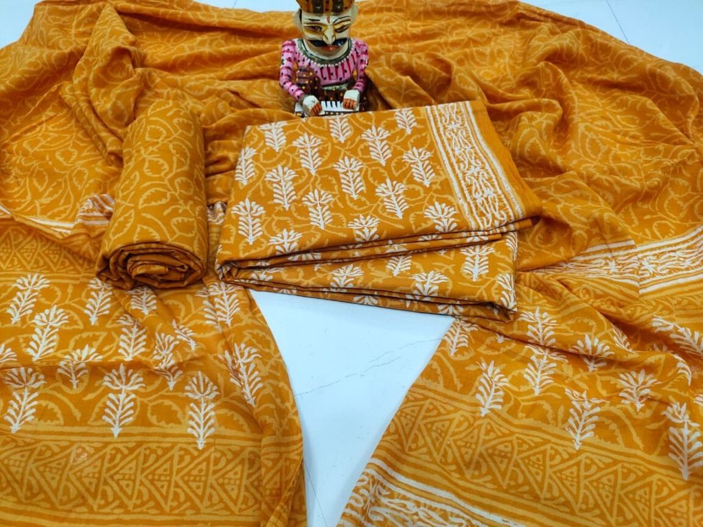 Brown Leaf Print Cotton Suit Set with Cotton Duppatta