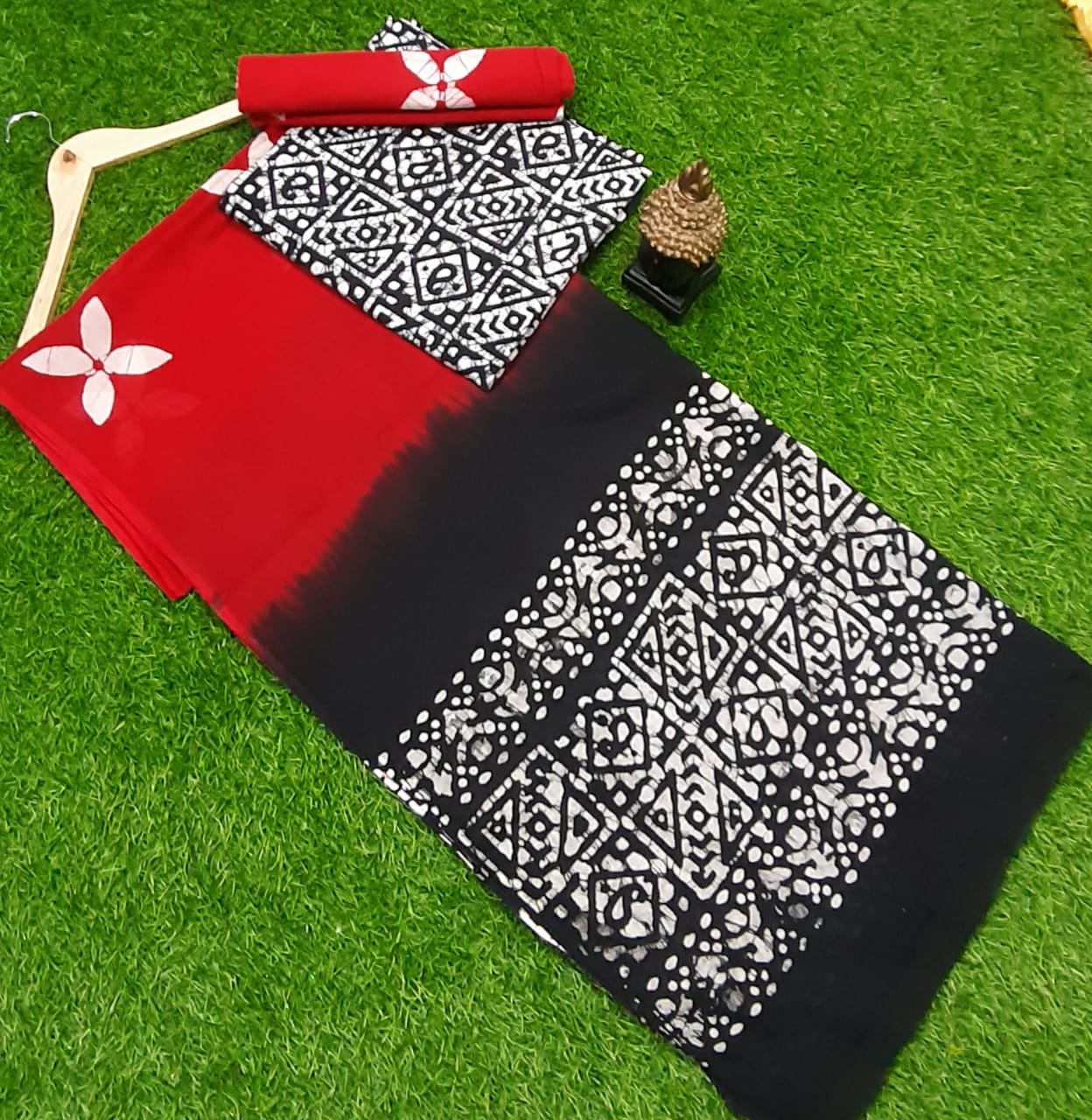 Red & Black Flower Print Cotton Unstitched Suit Set with Cotton Dupatta