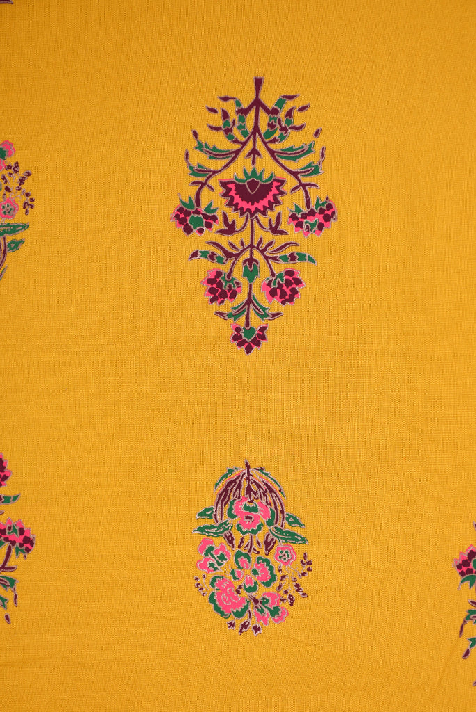 Yellow Floral Print Screen Cotton Printed Fabric