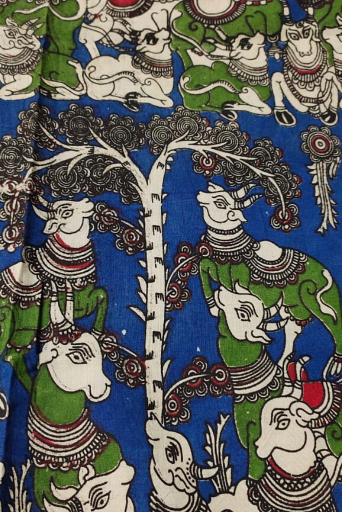 Blue Animal & Tree Print Kalamkari Fabric
