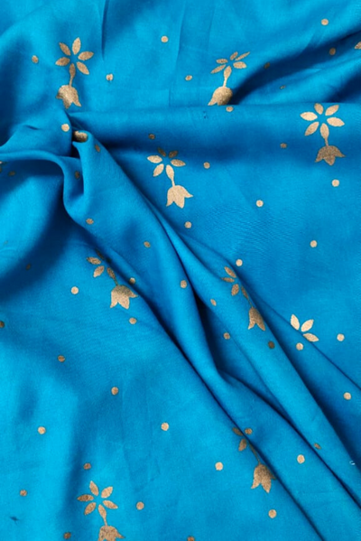 Sky Blue Gold Flower Print Rayon Fabric