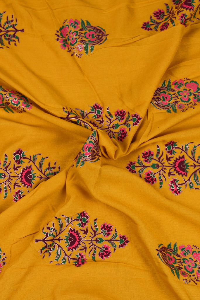 Yellow Floral Print Screen Cotton Printed Fabric
