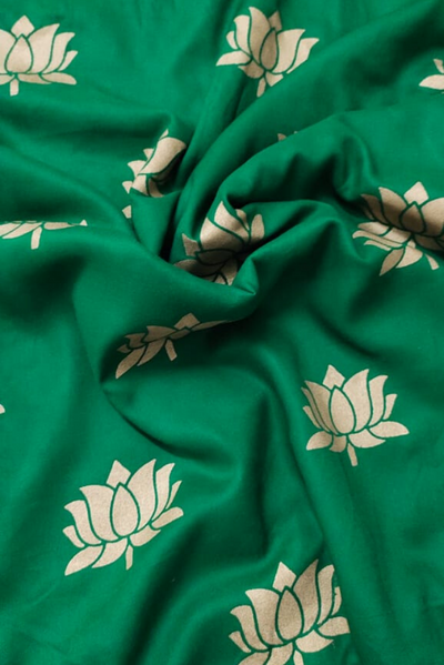 Green Lotus Gold Print Rayon Fabric