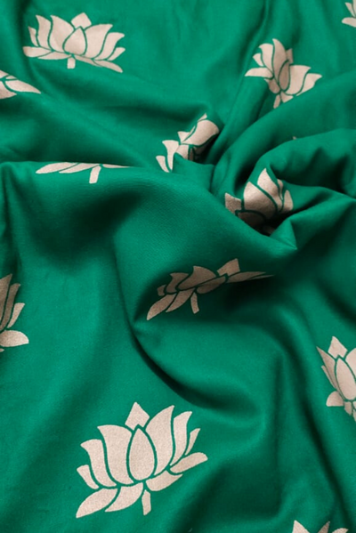Green Lotus Gold Print Rayon Fabric