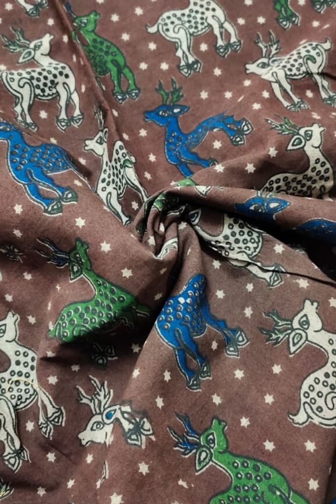 Brown Deer Print Kalamkari Fabric