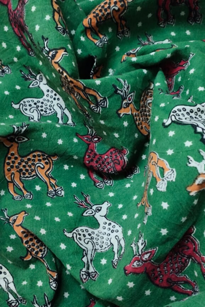 (Cut Piece 0.30 Mtr) Green Deer Print Kalamkari Fabric