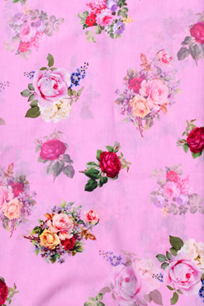 Pink  Flower Print Screen Cotton Printed Fabric