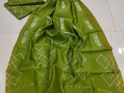 Green Flower Print Chanderi Silk Unstitched Suit Set with Chanderi Silk Dupatta