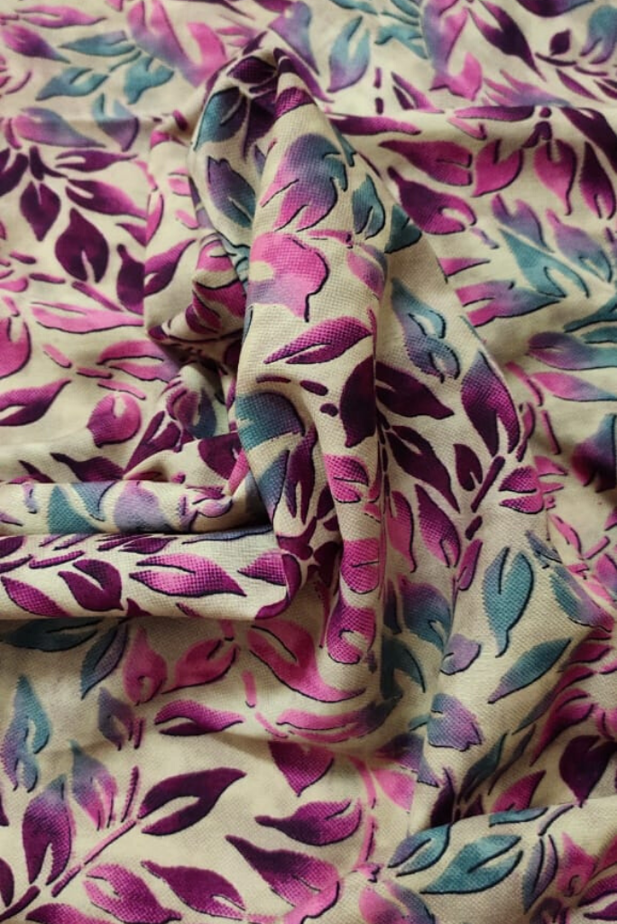 (Cut Piece 0.45 Mtr) Multi Color Leaf Print Muslin Fabric