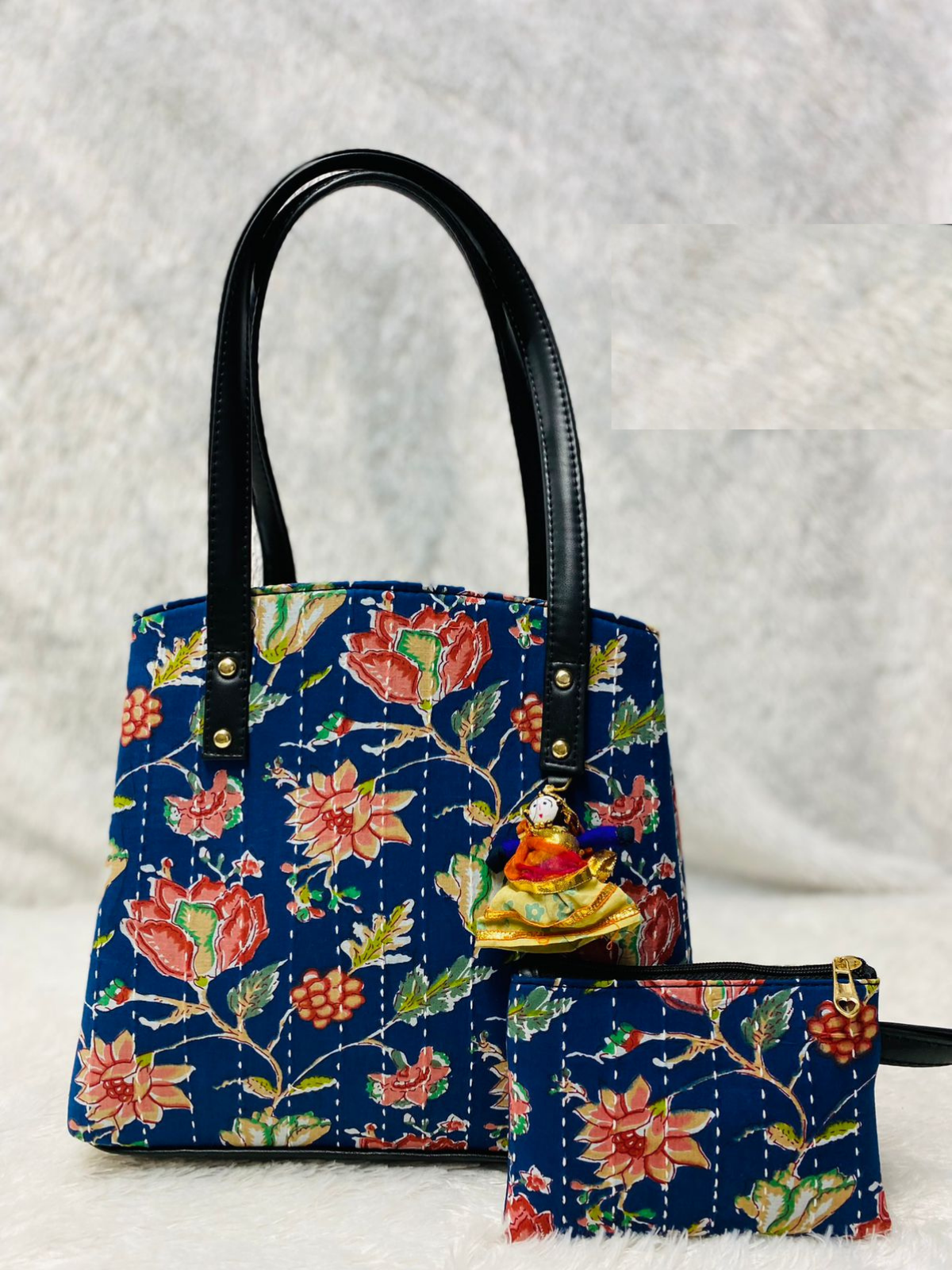 Blue Flower Handblock Printed Cotton Handbag Combo