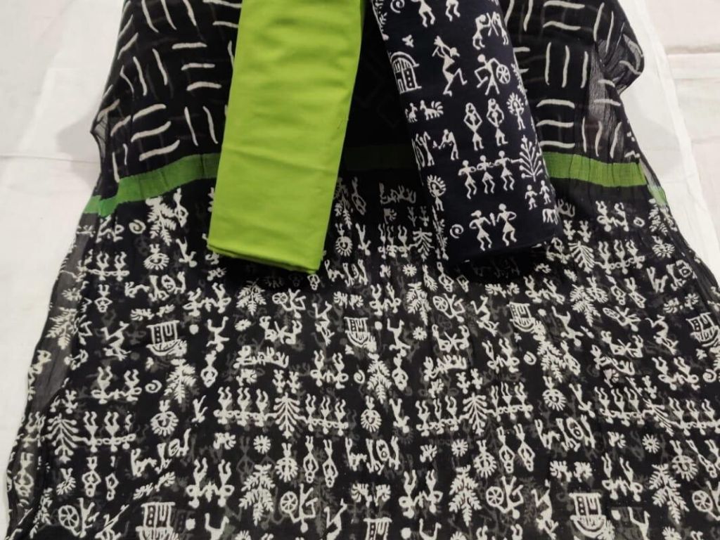 Black & Green Human Print Cotton Suit Set with Chiffon Dupatta