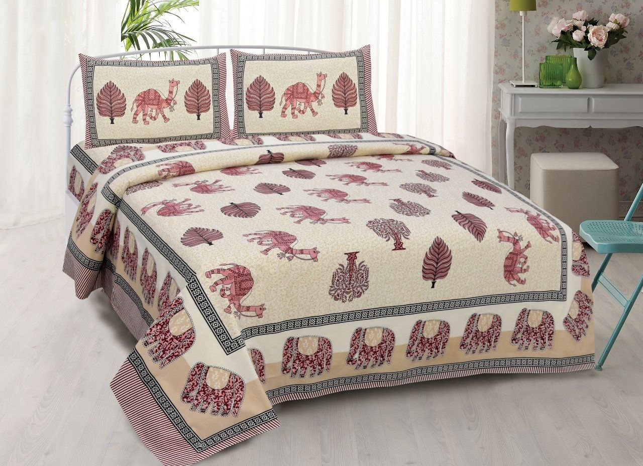 Cream Animal Print King Size Cotton Bed Sheet