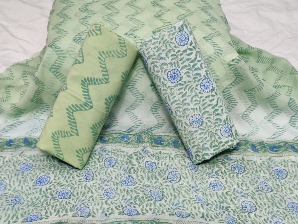 Light Green Flower Print Cotton Unstitched Suit Set with Kota Silk Dupatta