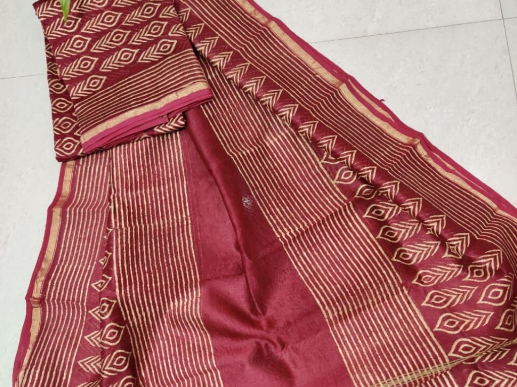 Maroon Leaf Print Chanderi Silk Unstitched Suit Set with Chanderi Silk Dupatta