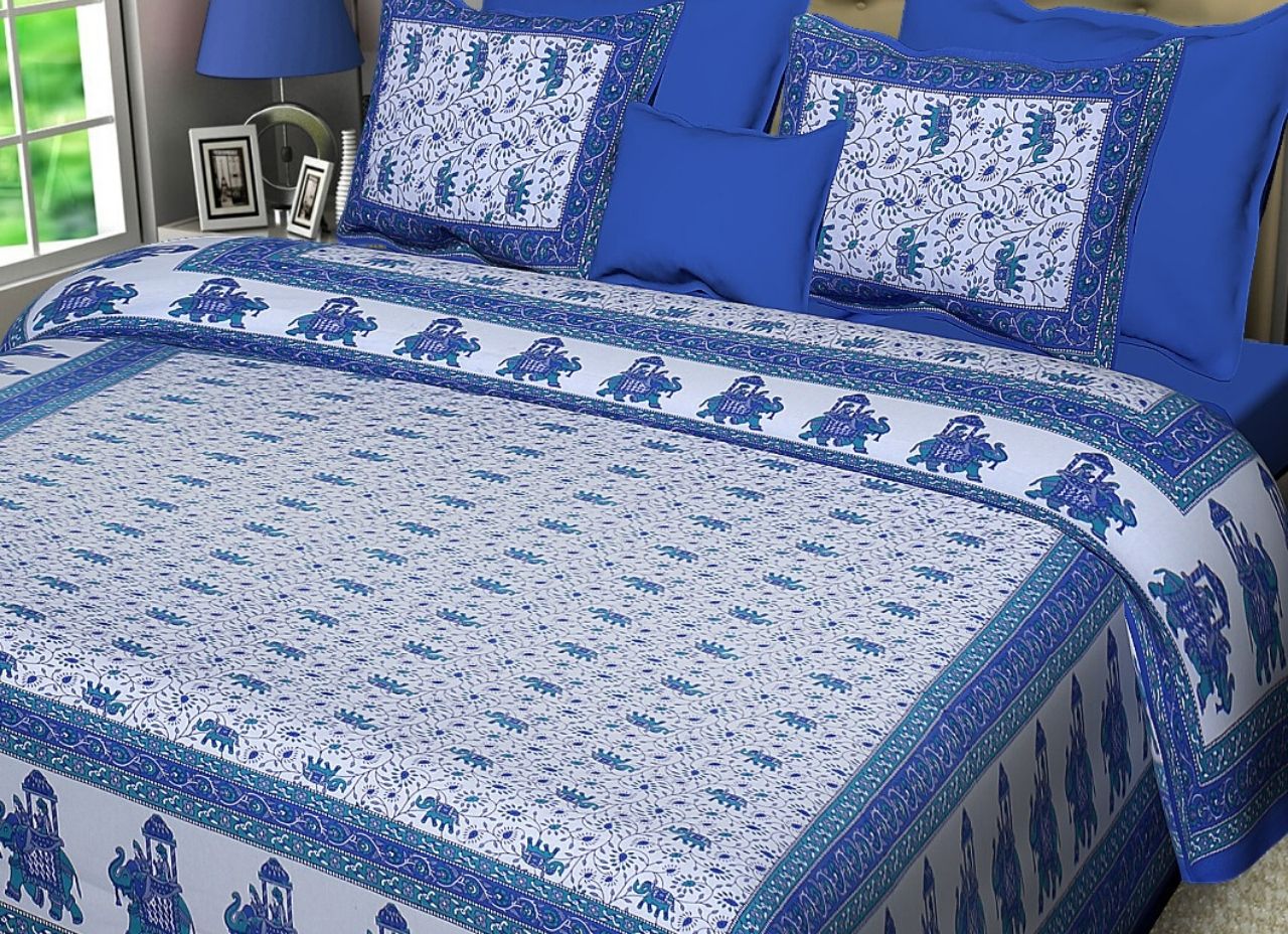 White base Blue Elephant Print King Size Cotton Bed Sheet