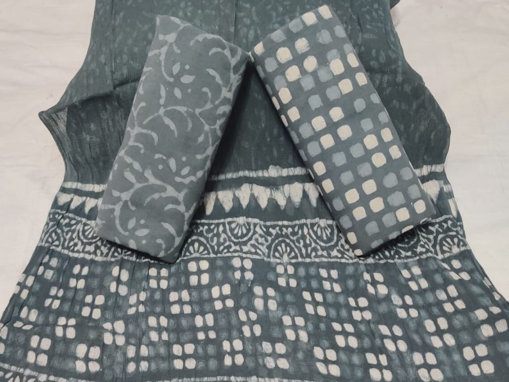 Grey Square Print Cotton Suit Set with Chiffon Dupatta