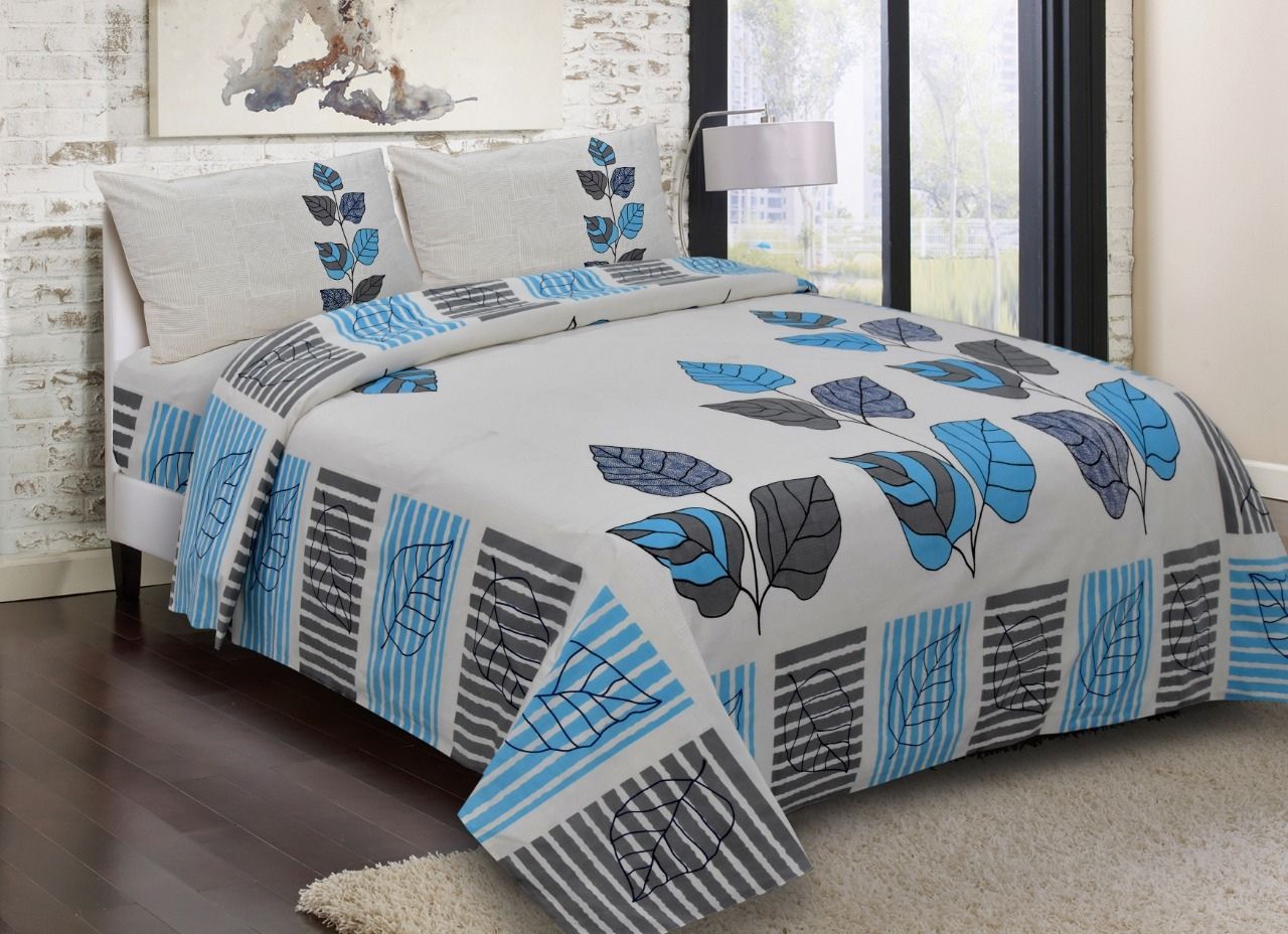 Stylish and trendy Grey & Blue Leaf Print King Size Cotton Bed Sheet