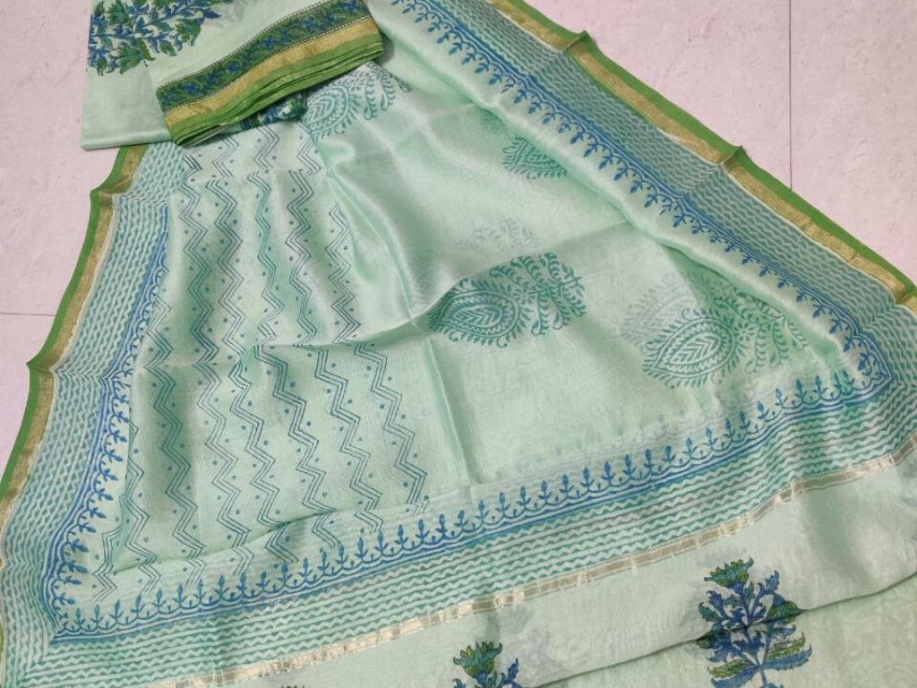 Light Green Zig Zag Print Chanderi Silk Unstitched Suit Set with Chanderi Silk Dupatta