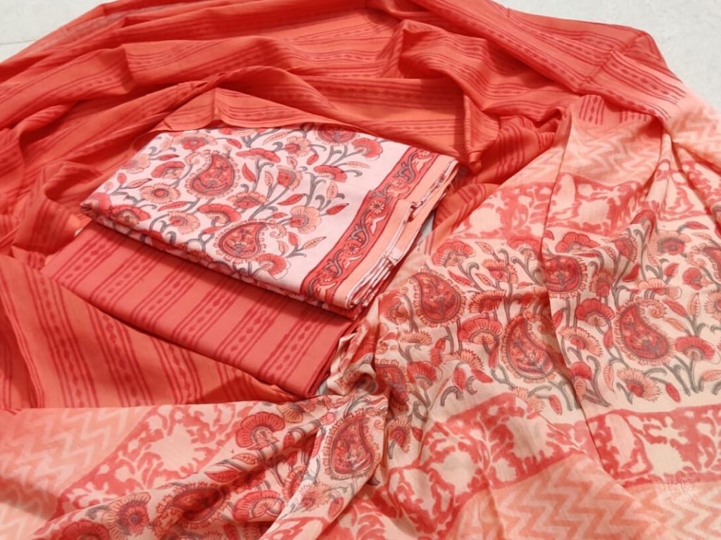Orange Leaf Print Cotton Suit Set with Cotton Duppatta