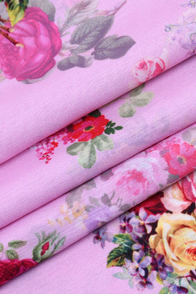 Pink  Flower Print Screen Cotton Printed Fabric