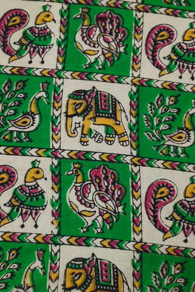 Green Elephant & Peacock Print Kalamkari Fabric