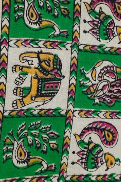 Green Elephant & Peacock Print Kalamkari Fabric