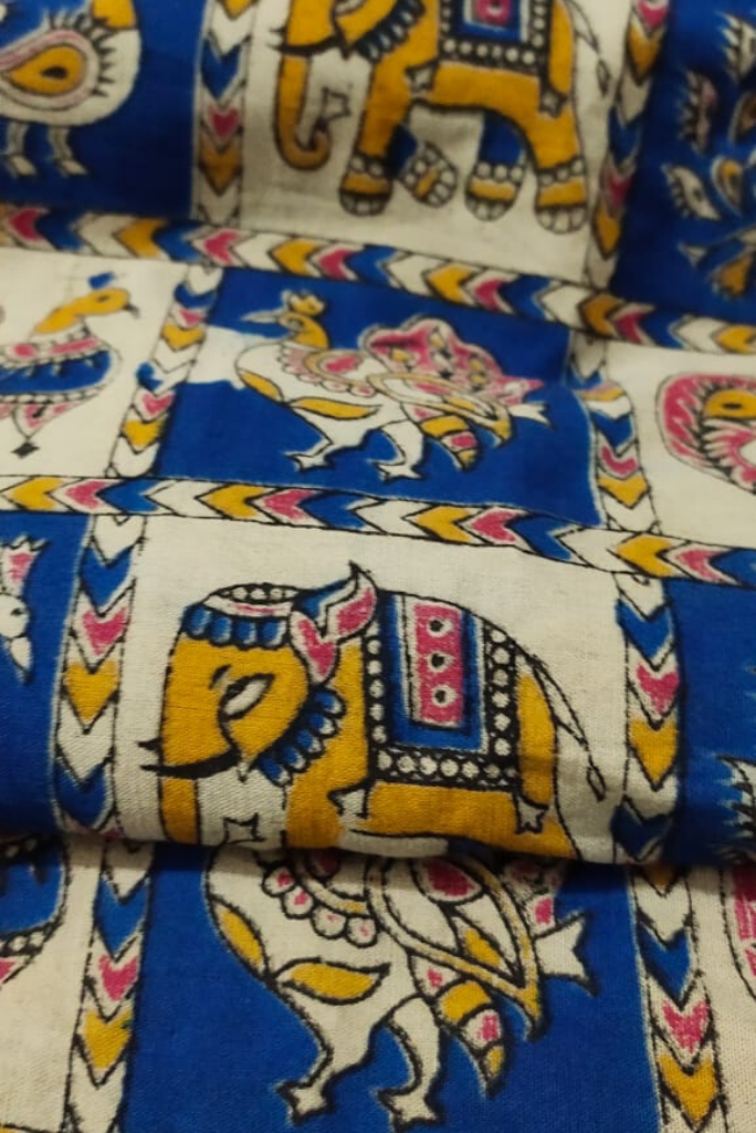 Blue Elephant & Peacock Print Kalamkari Fabric