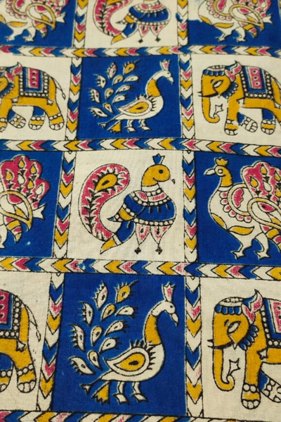 Blue Elephant & Peacock Print Kalamkari Fabric