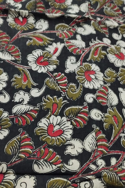 Black Flower Print Kalamkari Fabric
