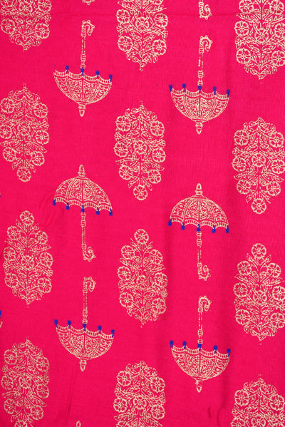 Pink Umbrella & Leaf Printed Cotton Screen Print Fabric