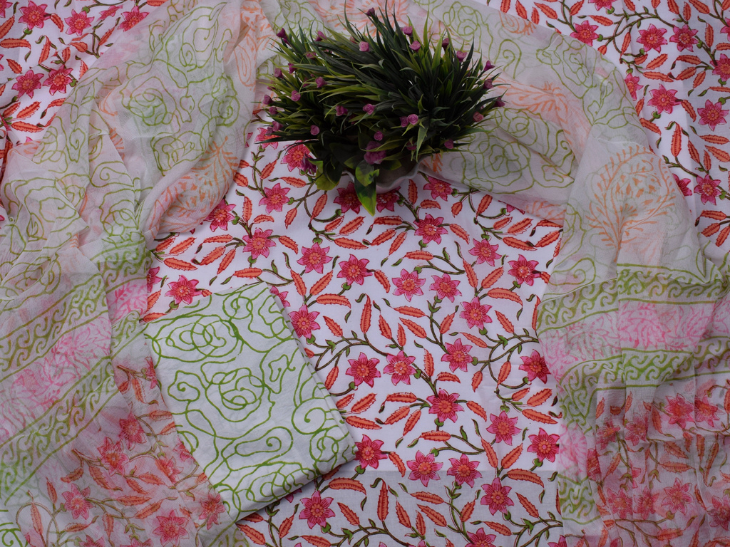 Pink Flower & Leaf Print Cotton Suit Set with Chiffon Dupatta