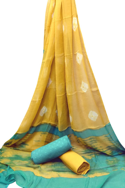 Yellow Printed Unstitched Suit with Chiffon Dupatta
