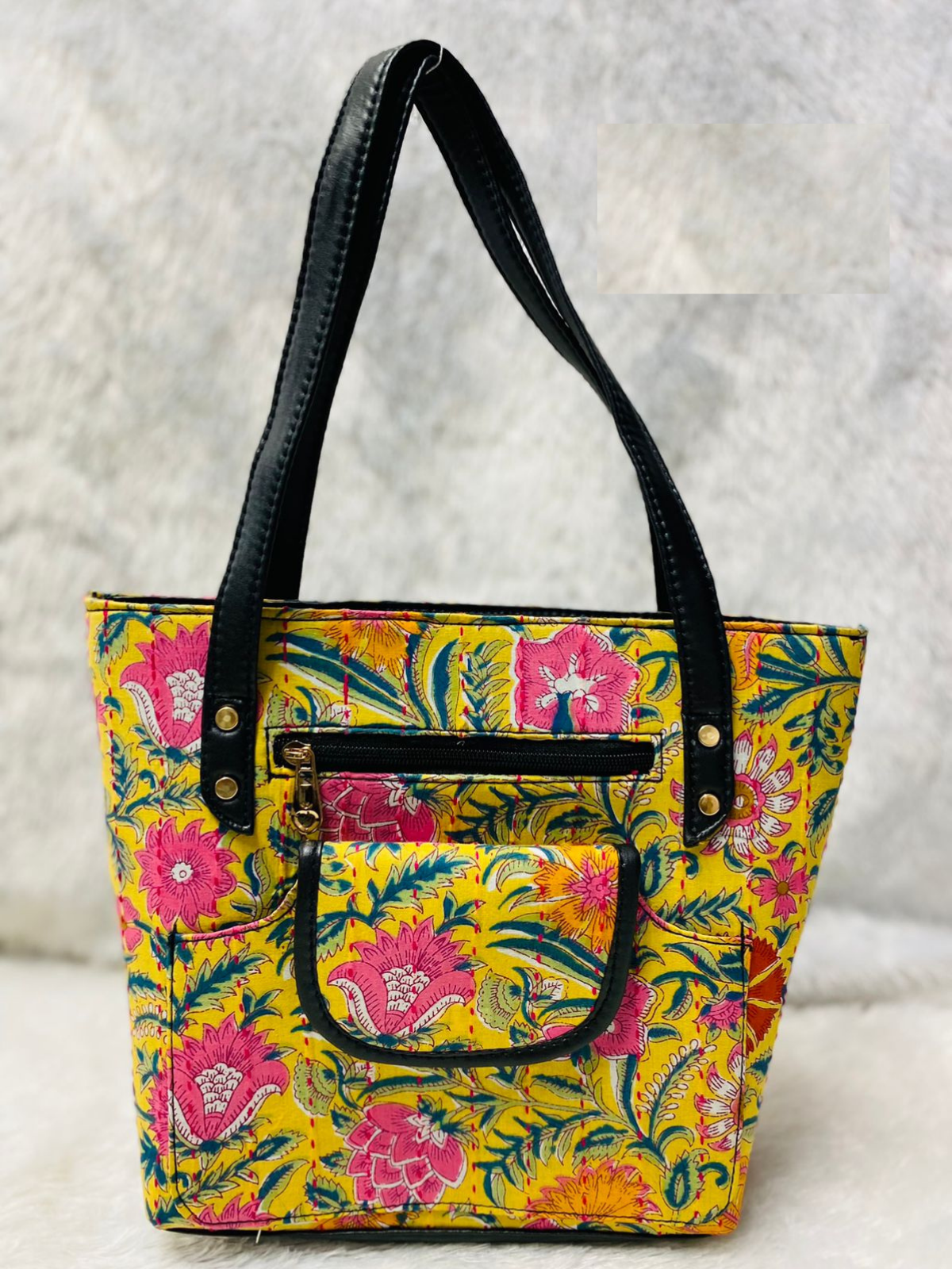 Yellow Flower Handblock Printed Cotton Handbag