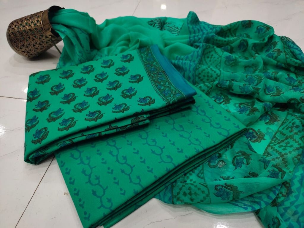 Dark Green Flower Print Cotton Suit Set with Chiffon Dupatta