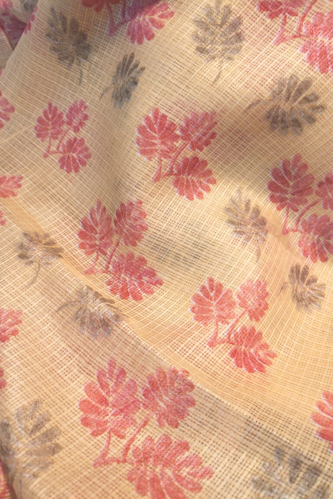(Cut Piece 0.50 Mtr) Red Flower with Gold leaves Print Kota Doria Fabric