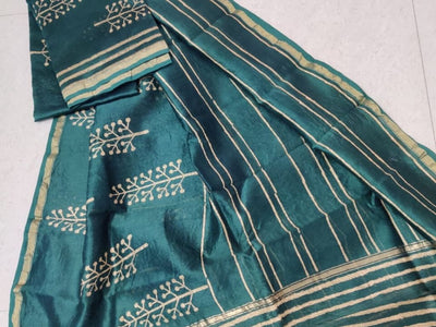 Dark Green Leaf Print Chanderi Silk Unstitched Suit Set with Chanderi Silk Dupatta