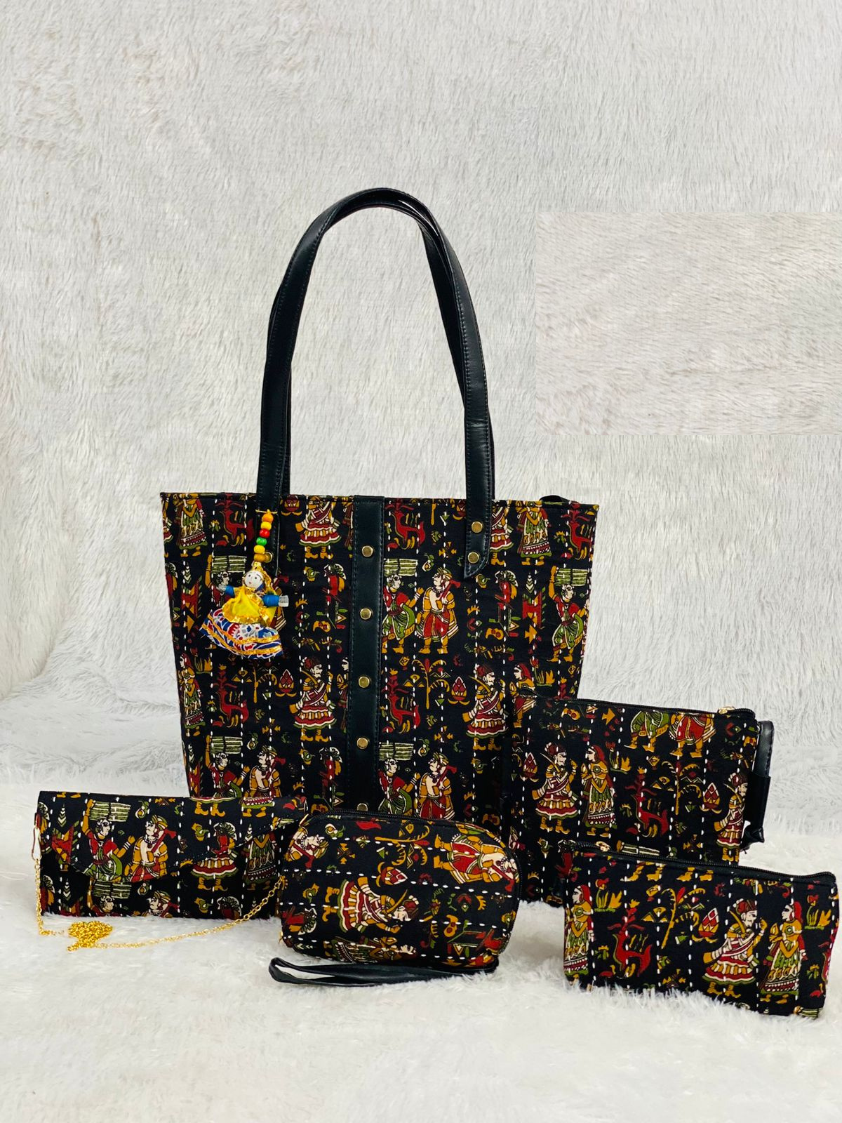 Black Object Handblock Printed Cotton Handbag Combos