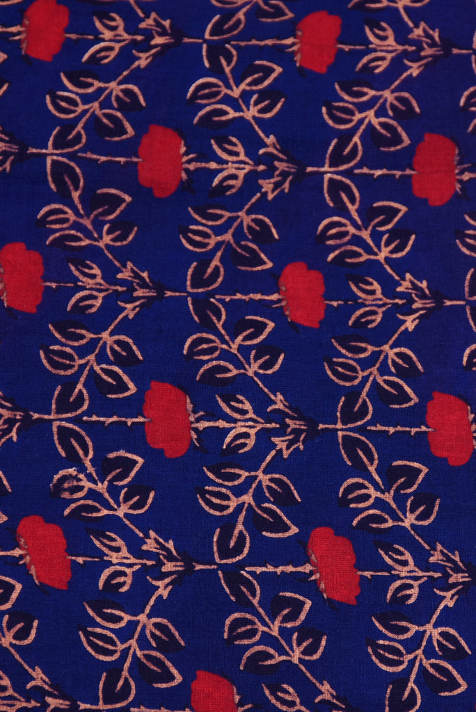 Blue Floral Print Screen Cotton Printed Fabric